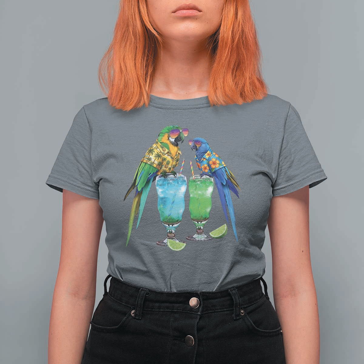Hawaiian Parrots Drinking Margaritas T Shirt For Women Beach Vacation Gift