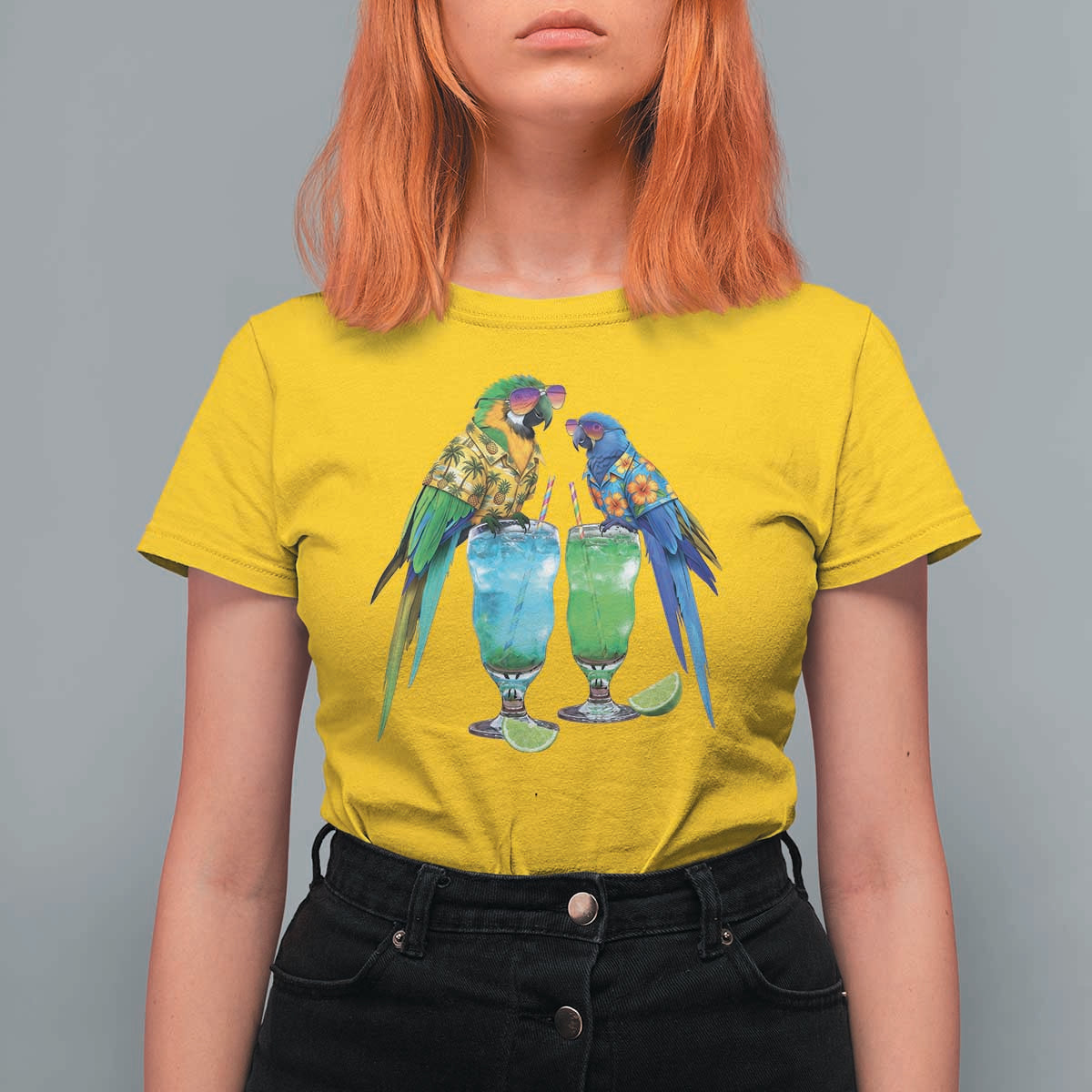 Hawaiian Parrots Drinking Margaritas T Shirt For Women Beach Vacation Gift