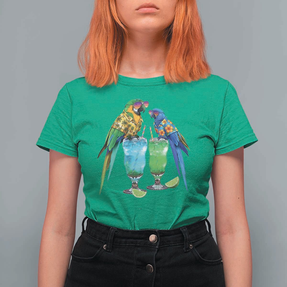 Hawaiian Parrots Drinking Margaritas T Shirt For Women Beach Vacation Gift