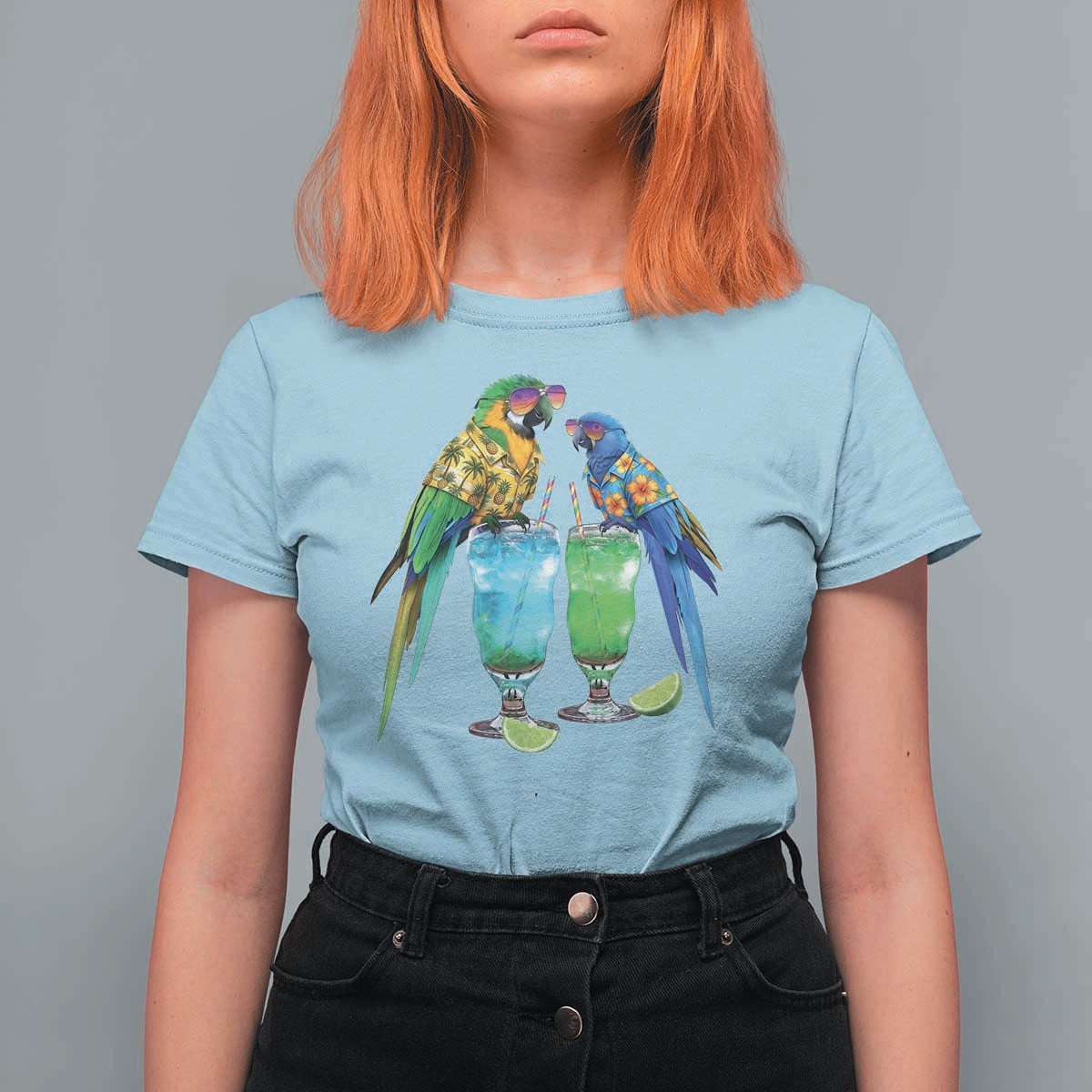 Hawaiian Parrots Drinking Margaritas T Shirt For Women Beach Vacation Gift