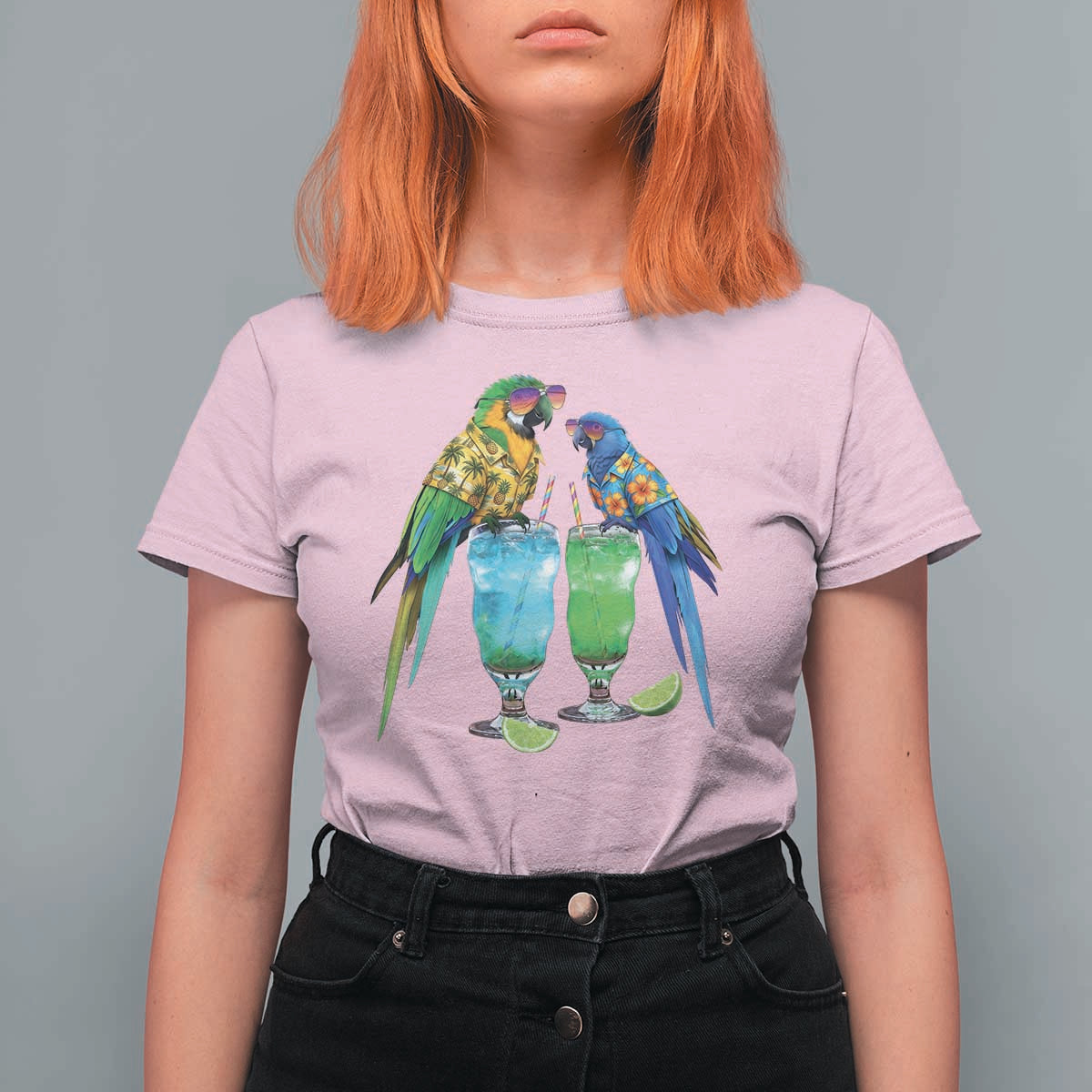 Hawaiian Parrots Drinking Margaritas T Shirt For Women Beach Vacation Gift