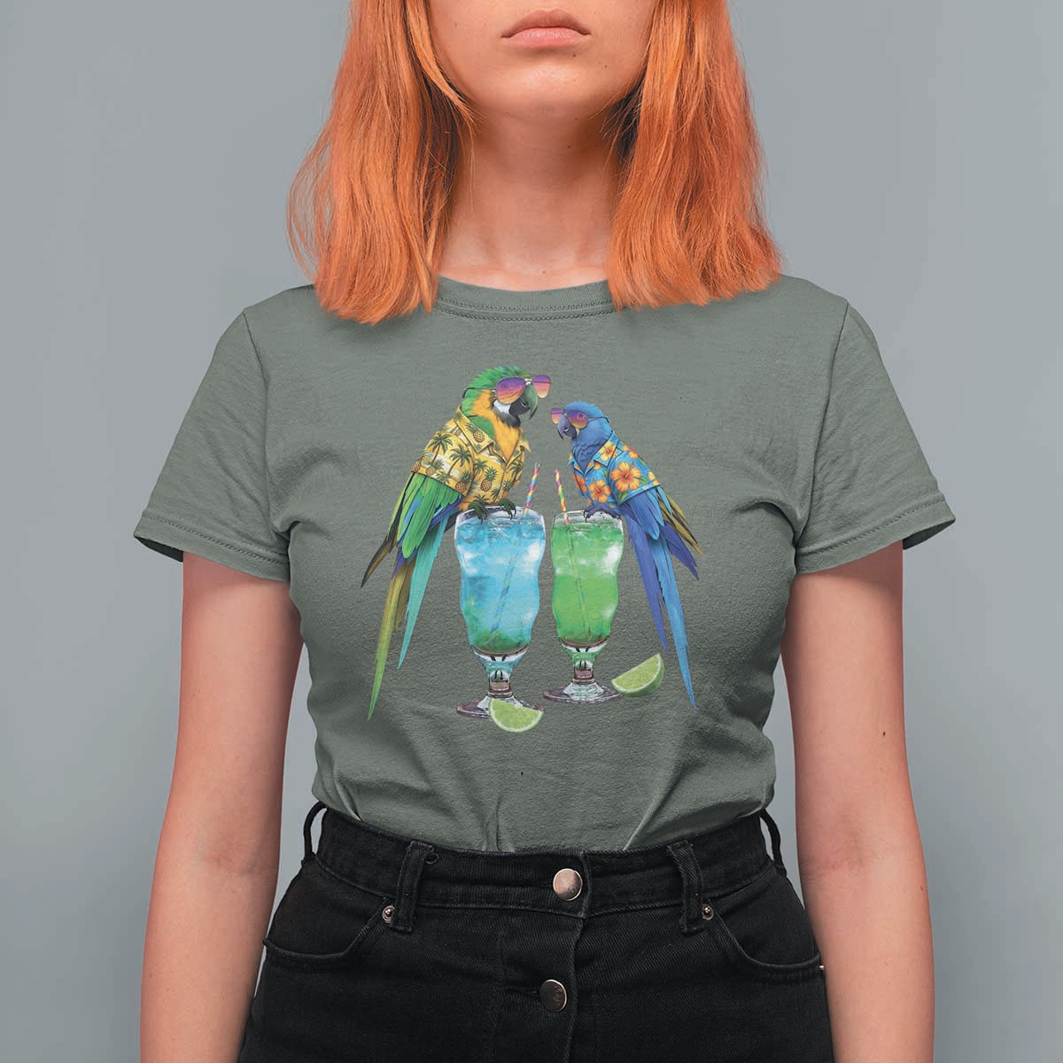 Hawaiian Parrots Drinking Margaritas T Shirt For Women Beach Vacation Gift