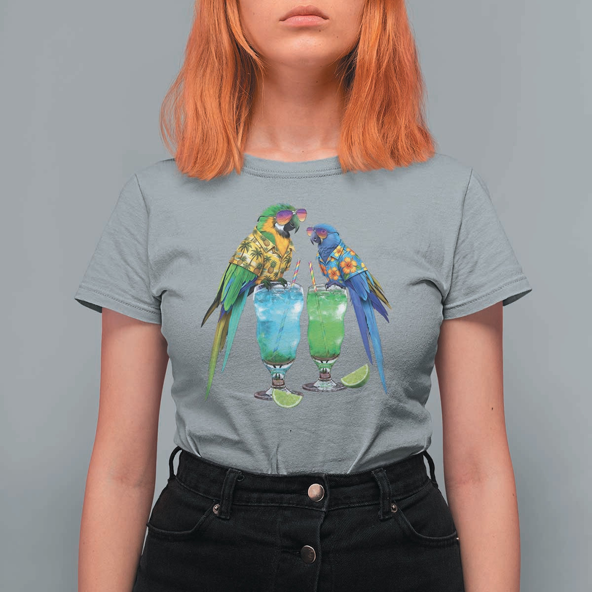 Hawaiian Parrots Drinking Margaritas T Shirt For Women Beach Vacation Gift