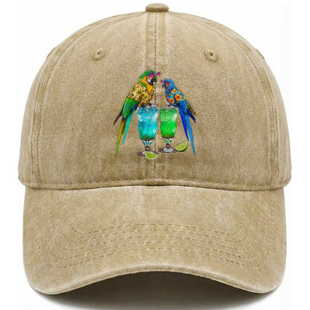 Hawaiian Parrots Drinking Margaritas Washed Cotton Baseball Cap Beach Vacation Gift