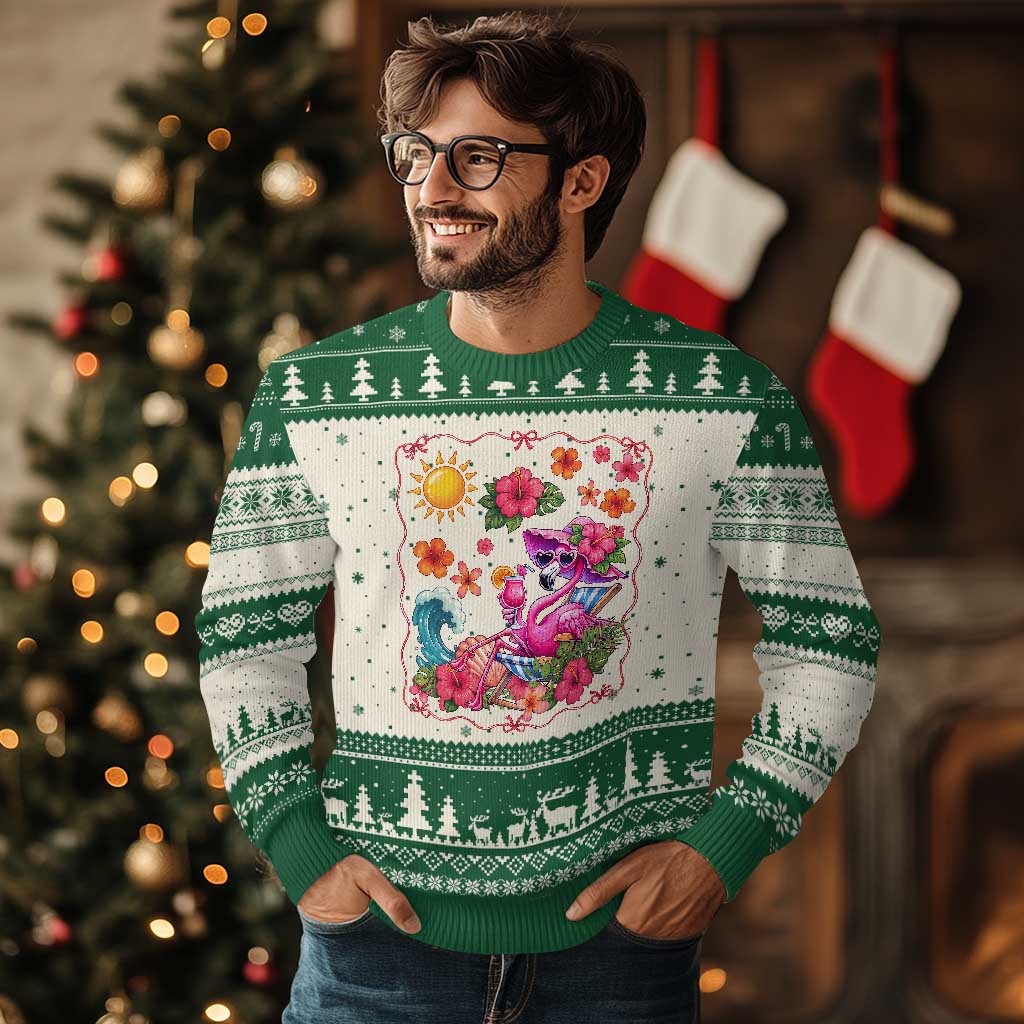 Funny Flamingo Tropical Floral Summer Vacation Graphic Ugly Christmas Sweater