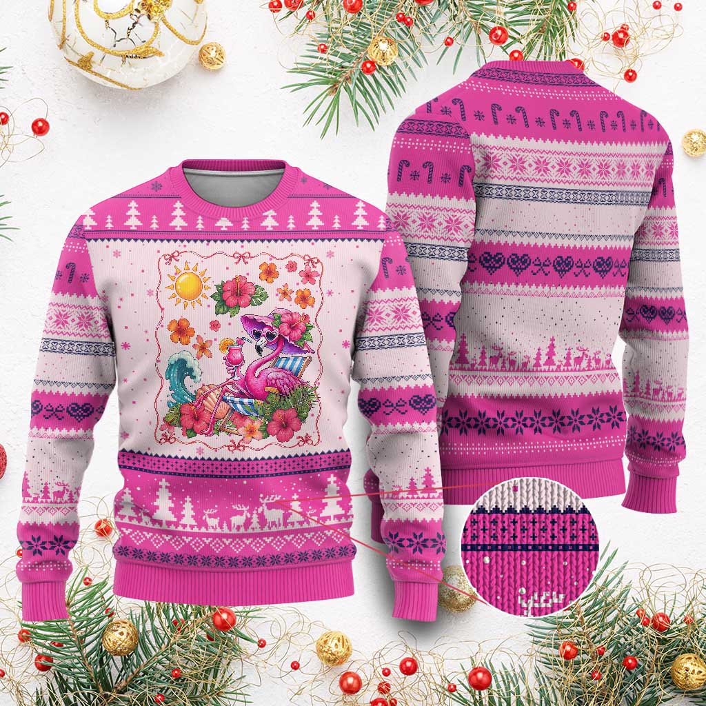 Funny Flamingo Tropical Floral Summer Vacation Graphic Ugly Christmas Sweater