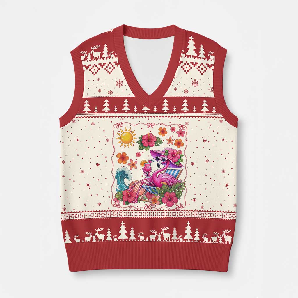 Funny Flamingo Tropical Floral Summer Vacation Graphic V-Neck Knit Sweater Vest