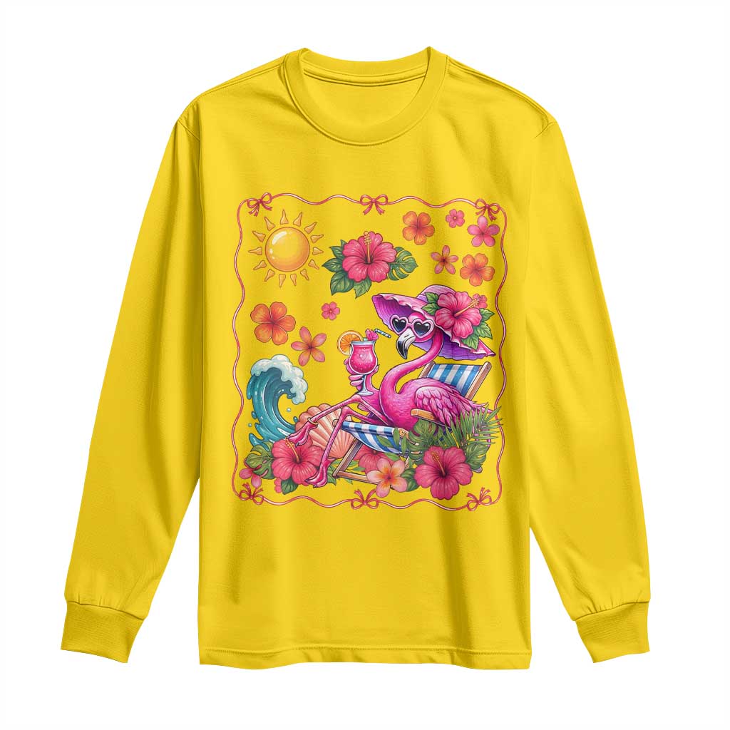 Funny Flamingo Tropical Floral Summer Vacation Graphic Long Sleeve Shirt