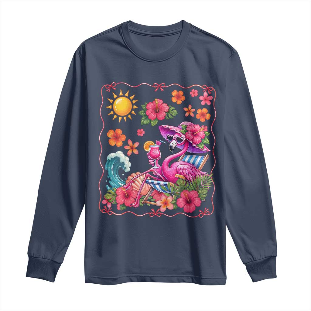 Funny Flamingo Tropical Floral Summer Vacation Graphic Long Sleeve Shirt