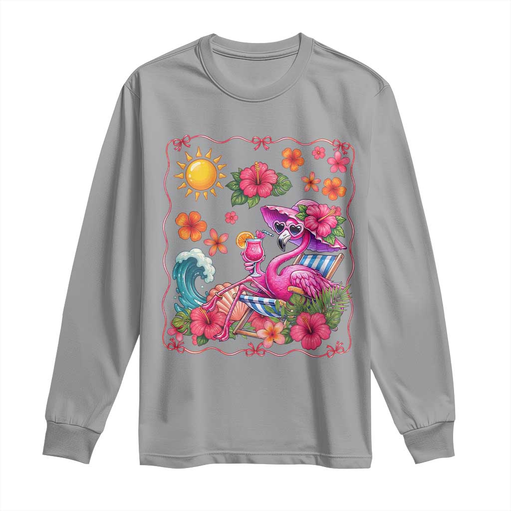 Funny Flamingo Tropical Floral Summer Vacation Graphic Long Sleeve Shirt