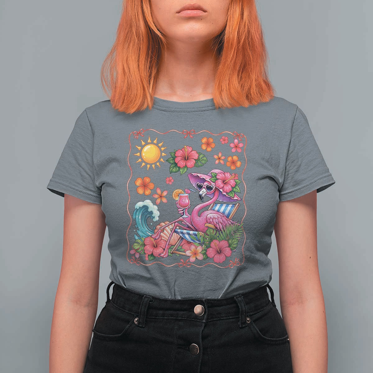 Funny Flamingo Tropical Floral Summer Vacation Graphic T Shirt For Women