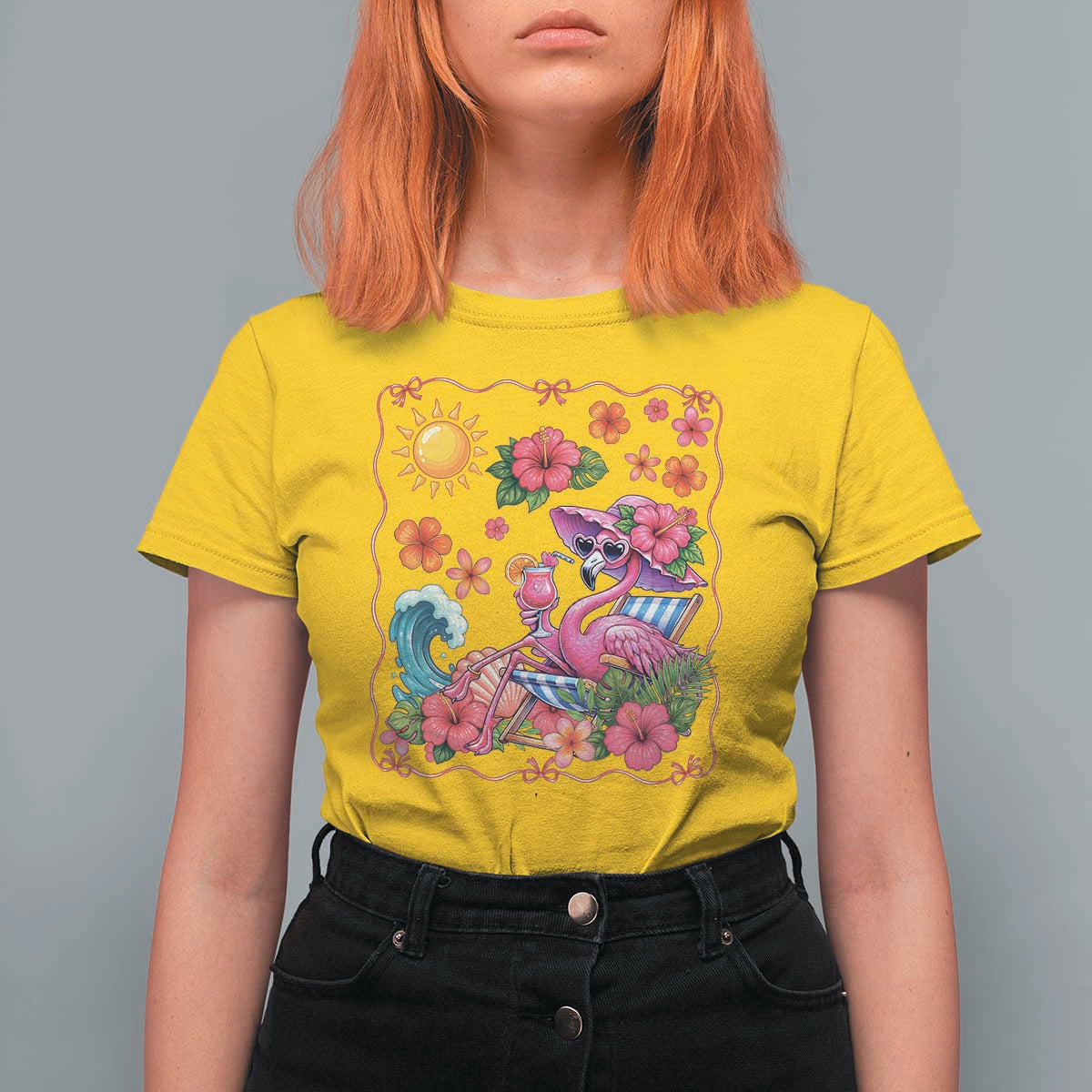 Funny Flamingo Tropical Floral Summer Vacation Graphic T Shirt For Women