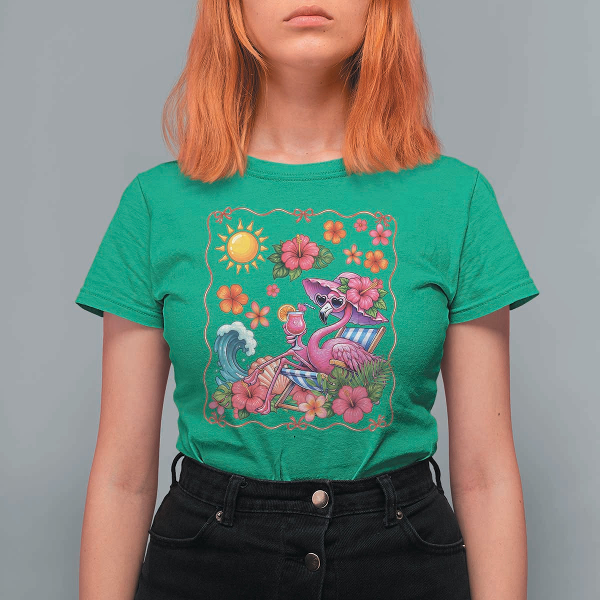 Funny Flamingo Tropical Floral Summer Vacation Graphic T Shirt For Women