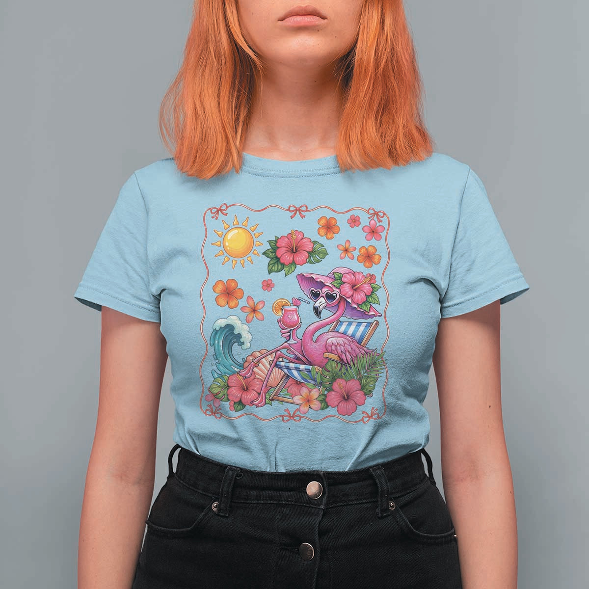 Funny Flamingo Tropical Floral Summer Vacation Graphic T Shirt For Women
