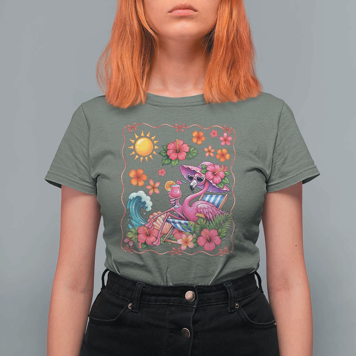 Funny Flamingo Tropical Floral Summer Vacation Graphic T Shirt For Women