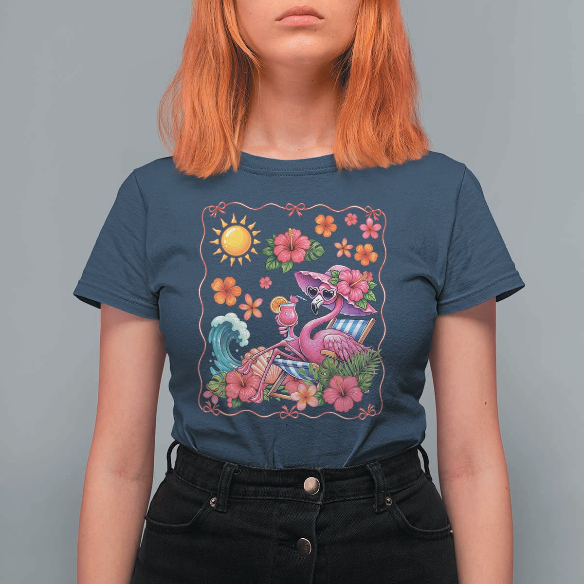 Funny Flamingo Tropical Floral Summer Vacation Graphic T Shirt For Women