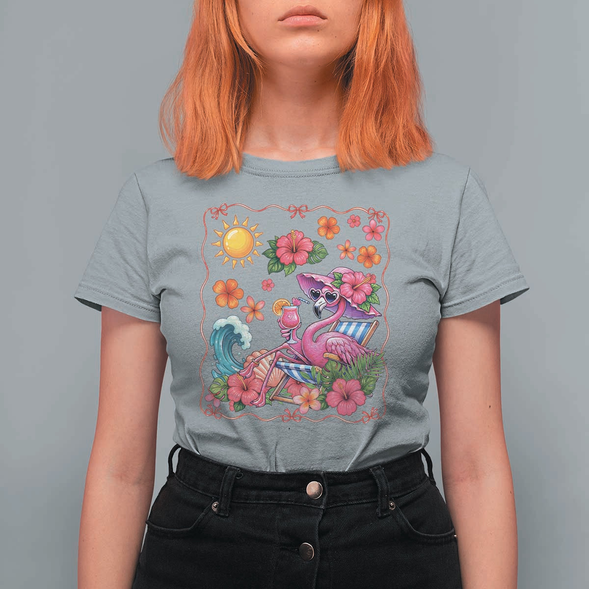Funny Flamingo Tropical Floral Summer Vacation Graphic T Shirt For Women