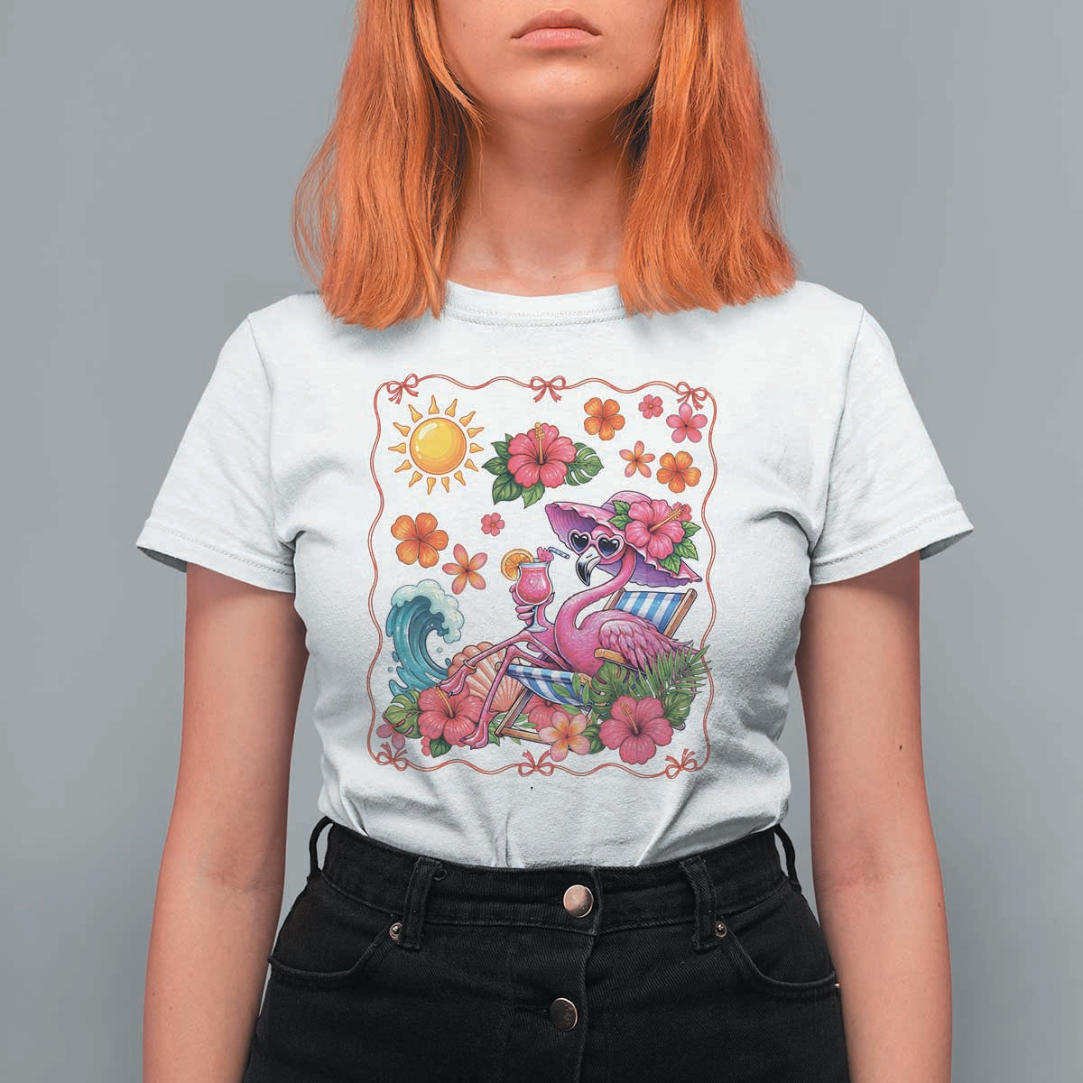 Funny Flamingo Tropical Floral Summer Vacation Graphic T Shirt For Women
