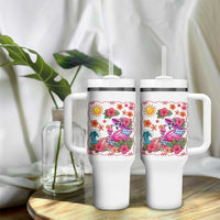 Funny Flamingo Tropical Floral Summer Vacation Graphic Tumbler With Handle