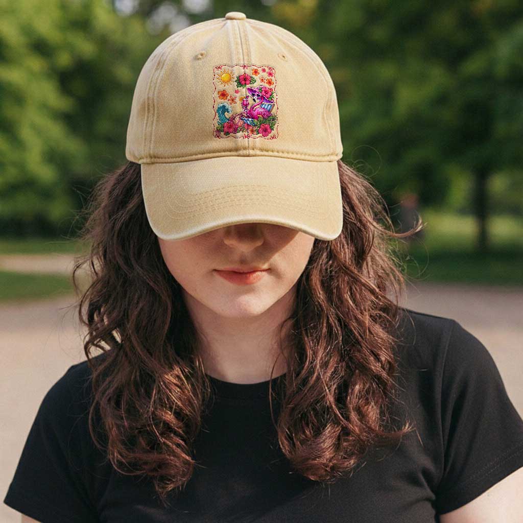 Funny Flamingo Tropical Floral Summer Vacation Graphic Washed Cotton Baseball Cap
