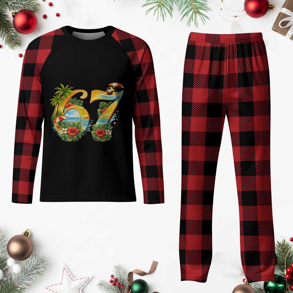 Hawaii Six Seven Plaid Pajama Set Tropical Hibiscus Vacation Graphic