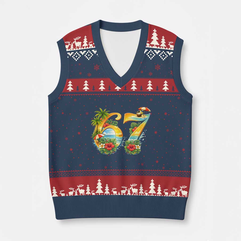 Hawaii Six Seven V-Neck Knit Sweater Vest Tropical Hibiscus Vacation Graphic
