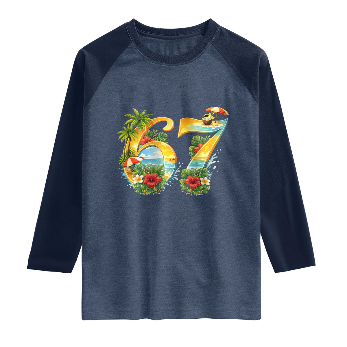 Hawaii Six Seven Raglan Shirt Tropical Hibiscus Vacation Graphic