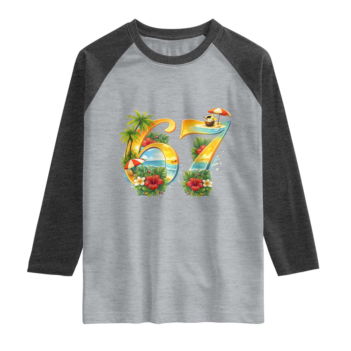 Hawaii Six Seven Raglan Shirt Tropical Hibiscus Vacation Graphic