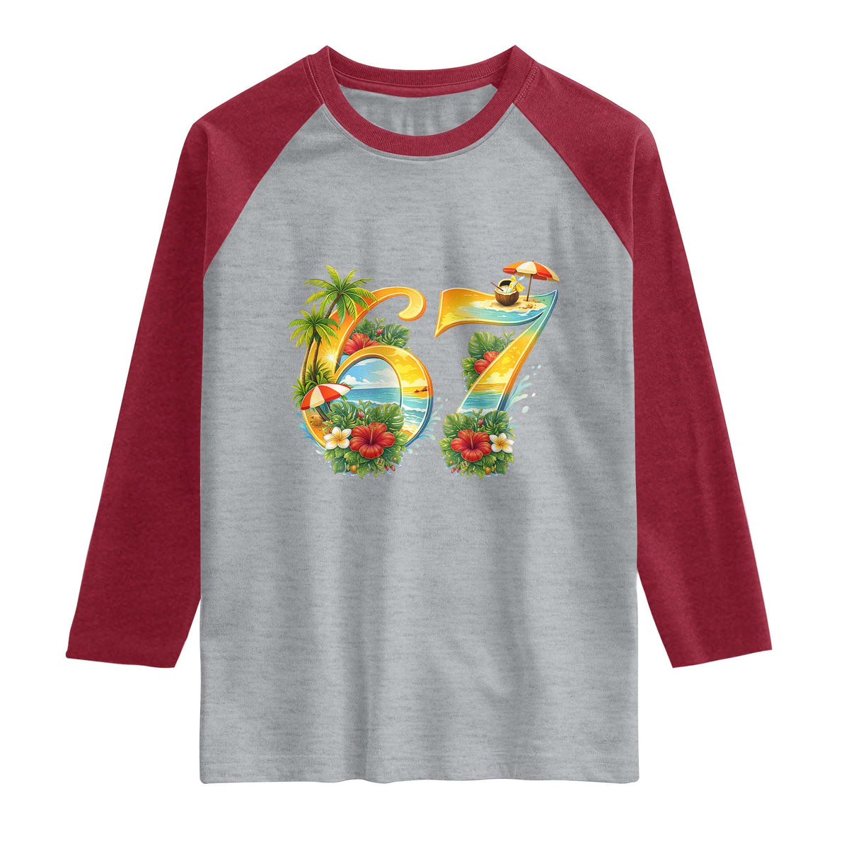 Hawaii Six Seven Raglan Shirt Tropical Hibiscus Vacation Graphic
