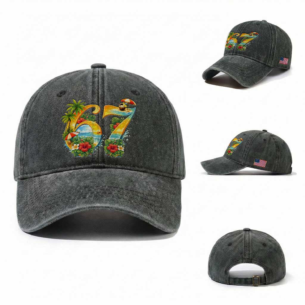 Hawaii Six Seven Washed Cotton Baseball Cap Tropical Hibiscus Vacation Graphic