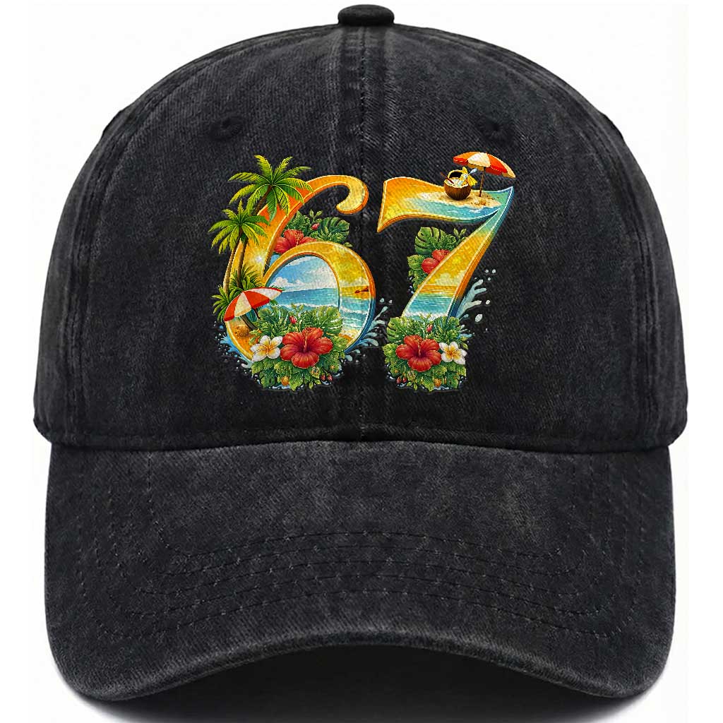 Hawaii Six Seven Washed Cotton Baseball Cap Tropical Hibiscus Vacation Graphic