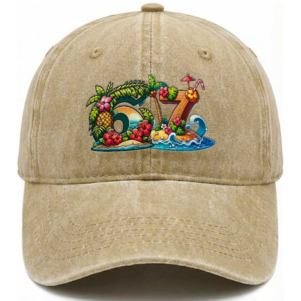 Tropical Beach Six Seven Washed Cotton Baseball Cap Summer Island Vacation Graphic