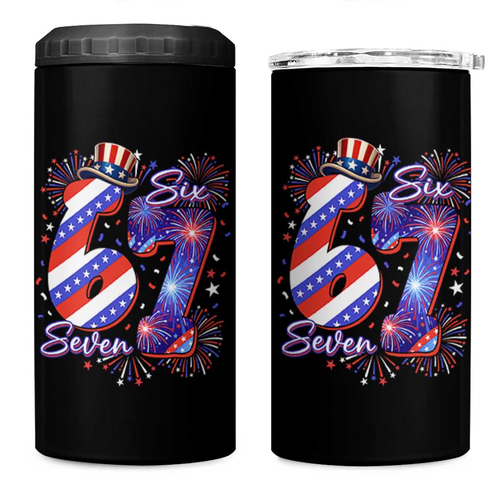 Patriotic Six Seven 4 in 1 Can Cooler Tumbler Red White And Blue Fireworks Graphic