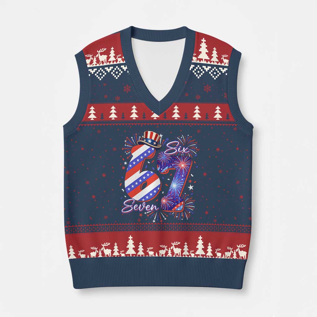 Patriotic Six Seven V-Neck Knit Sweater Vest Red White And Blue Fireworks Graphic