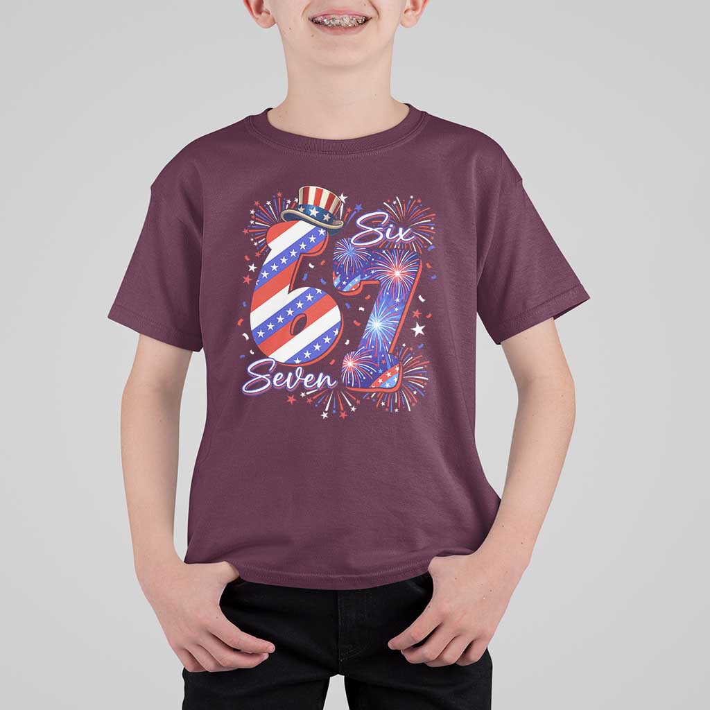 Patriotic Six Seven T Shirt For Kid Red White And Blue Fireworks Graphic