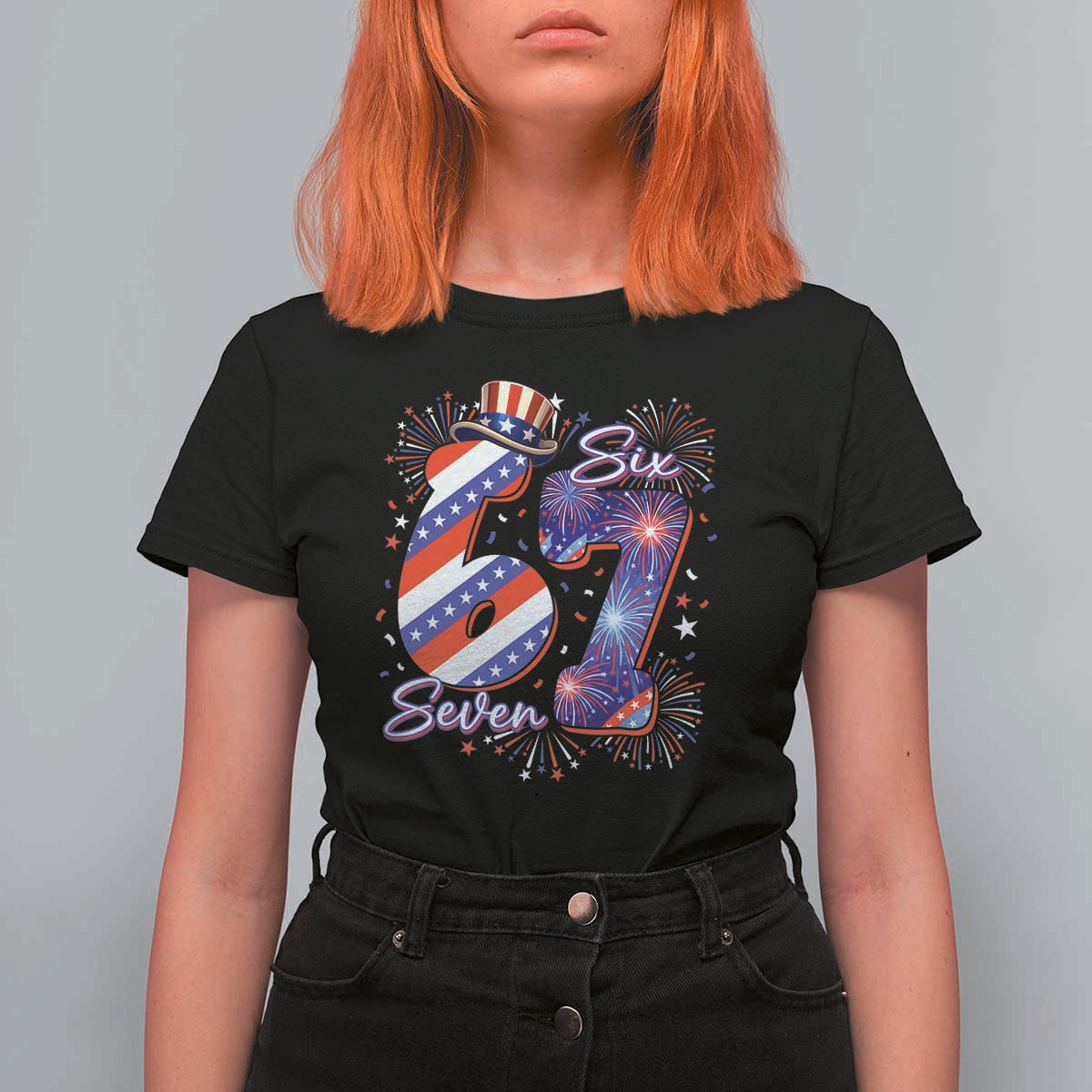 Patriotic Six Seven T Shirt For Women Red White And Blue Fireworks Graphic