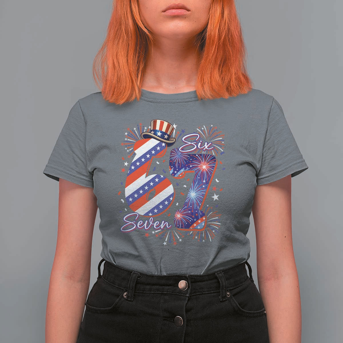 Patriotic Six Seven T Shirt For Women Red White And Blue Fireworks Graphic