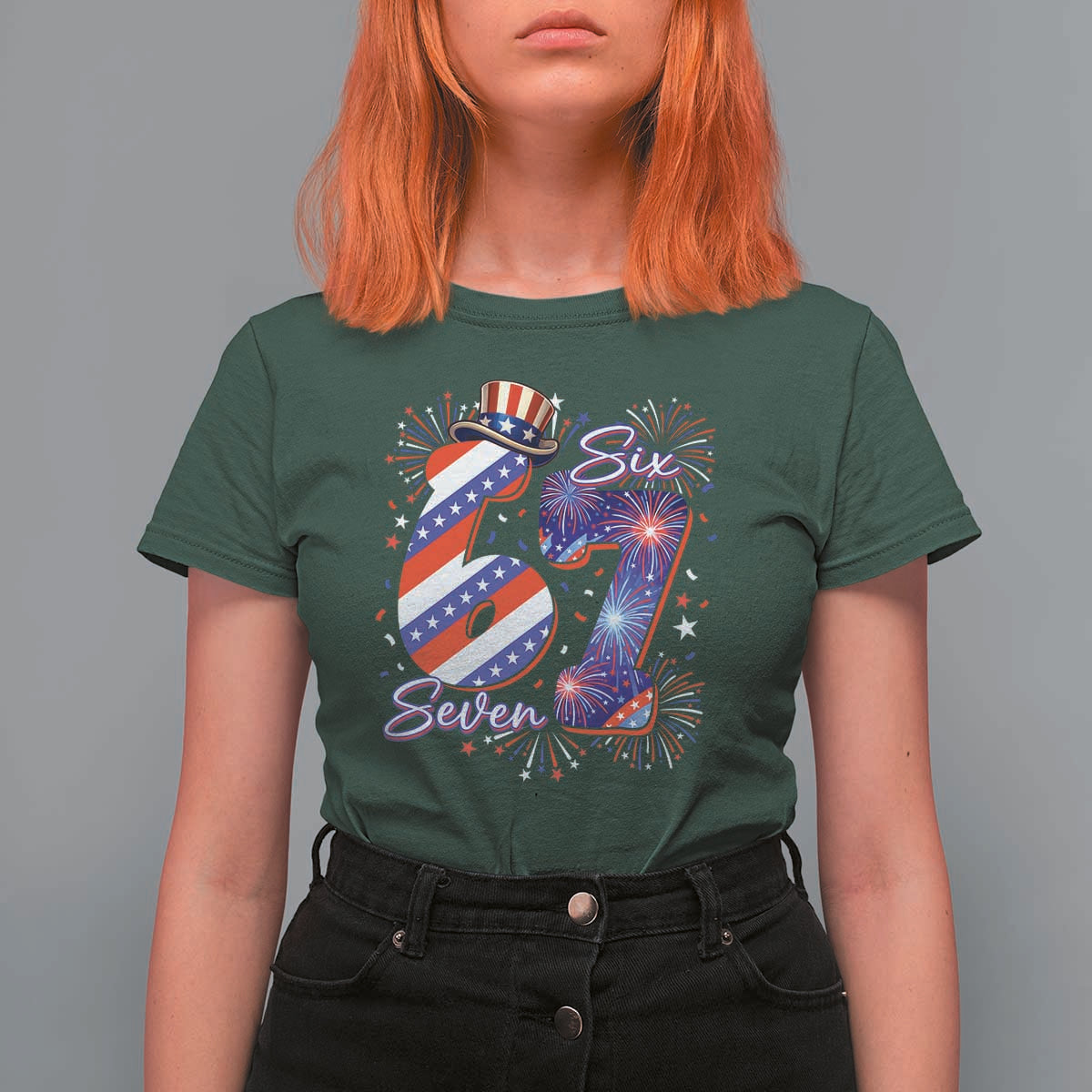 Patriotic Six Seven T Shirt For Women Red White And Blue Fireworks Graphic