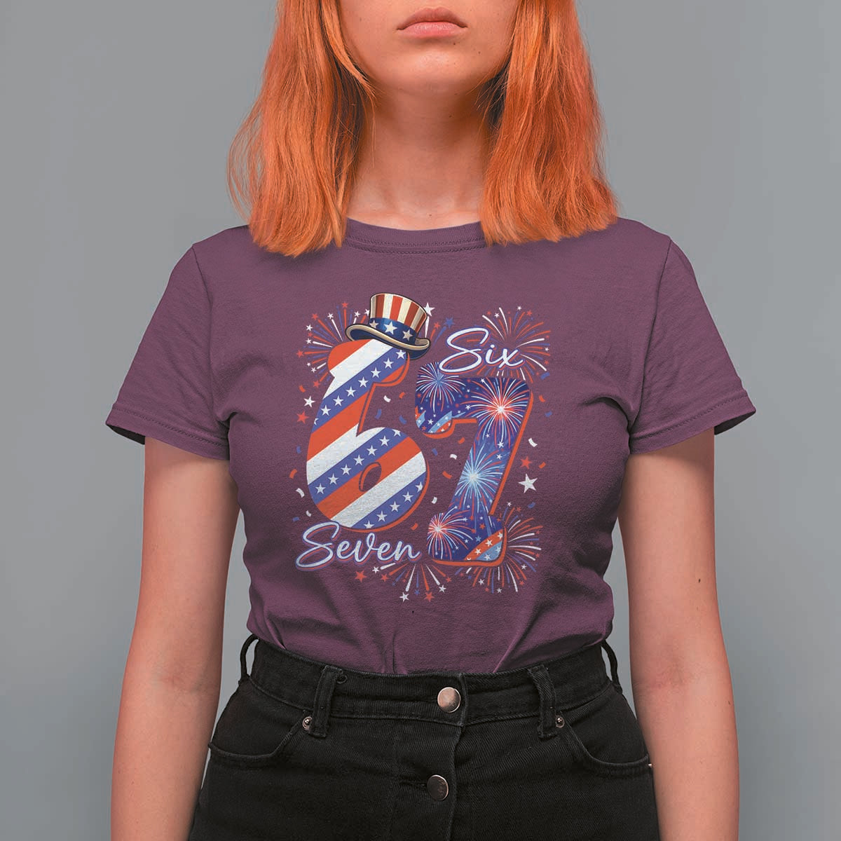Patriotic Six Seven T Shirt For Women Red White And Blue Fireworks Graphic
