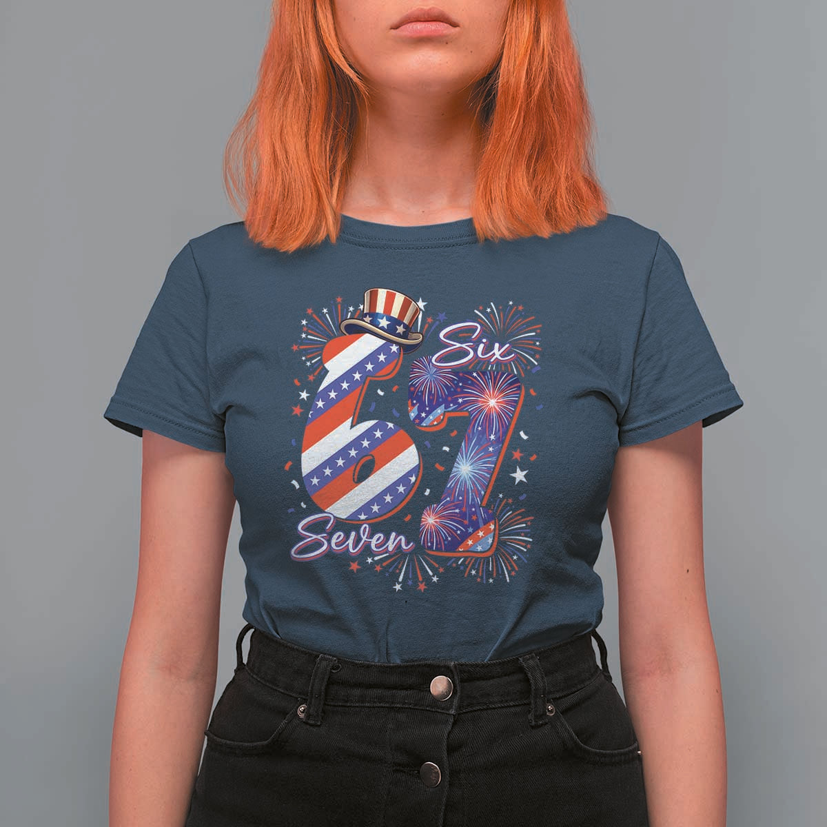 Patriotic Six Seven T Shirt For Women Red White And Blue Fireworks Graphic
