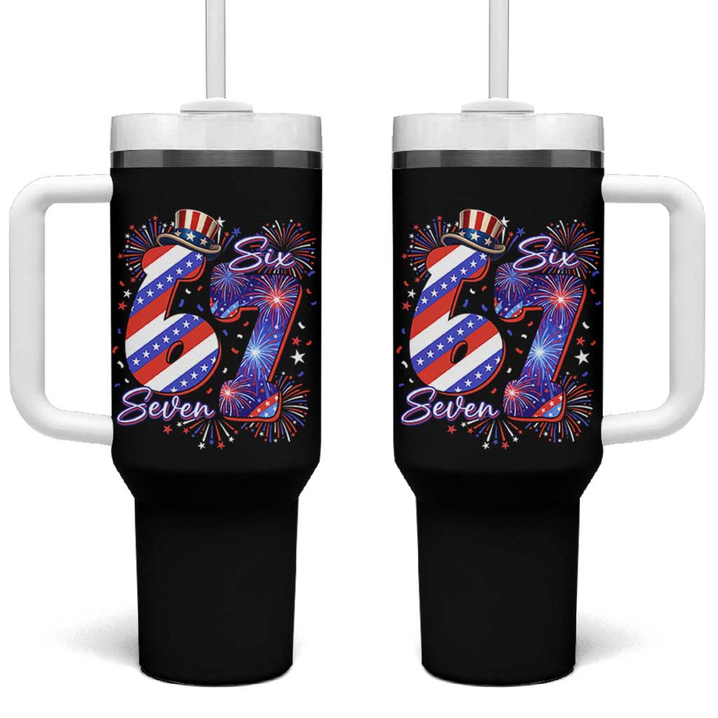 Patriotic Six Seven Tumbler With Handle Red White And Blue Fireworks Graphic