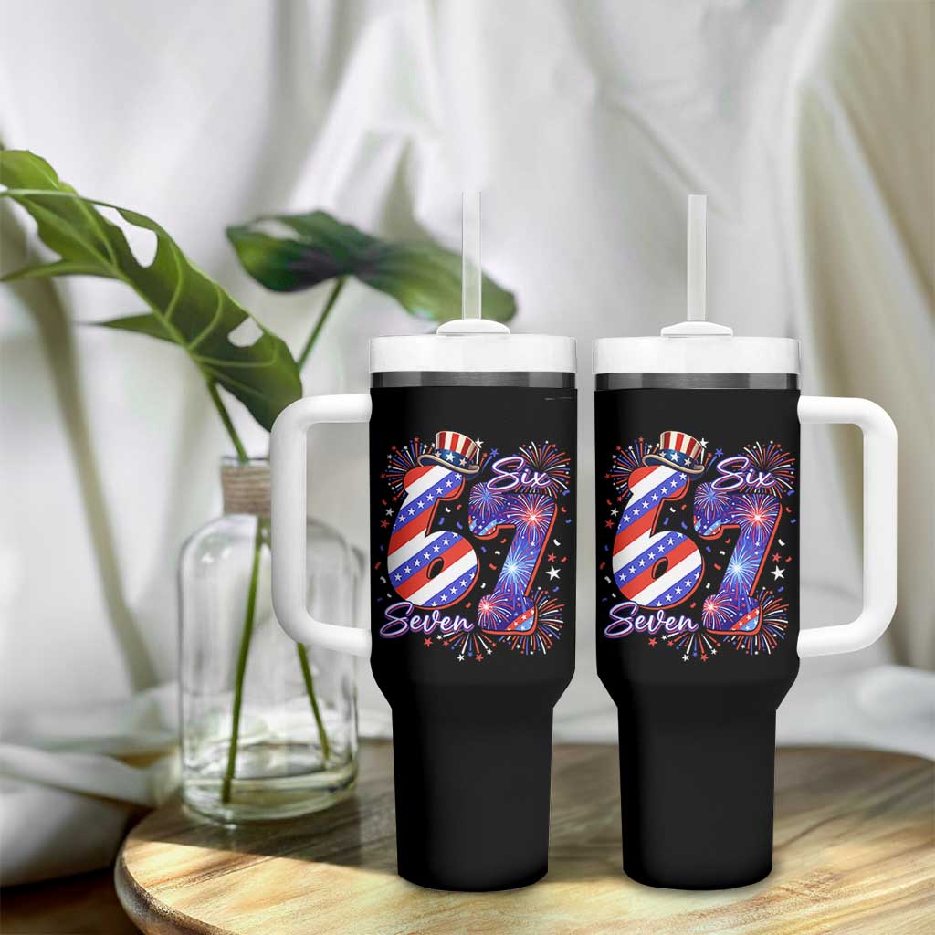 Patriotic Six Seven Tumbler With Handle Red White And Blue Fireworks Graphic