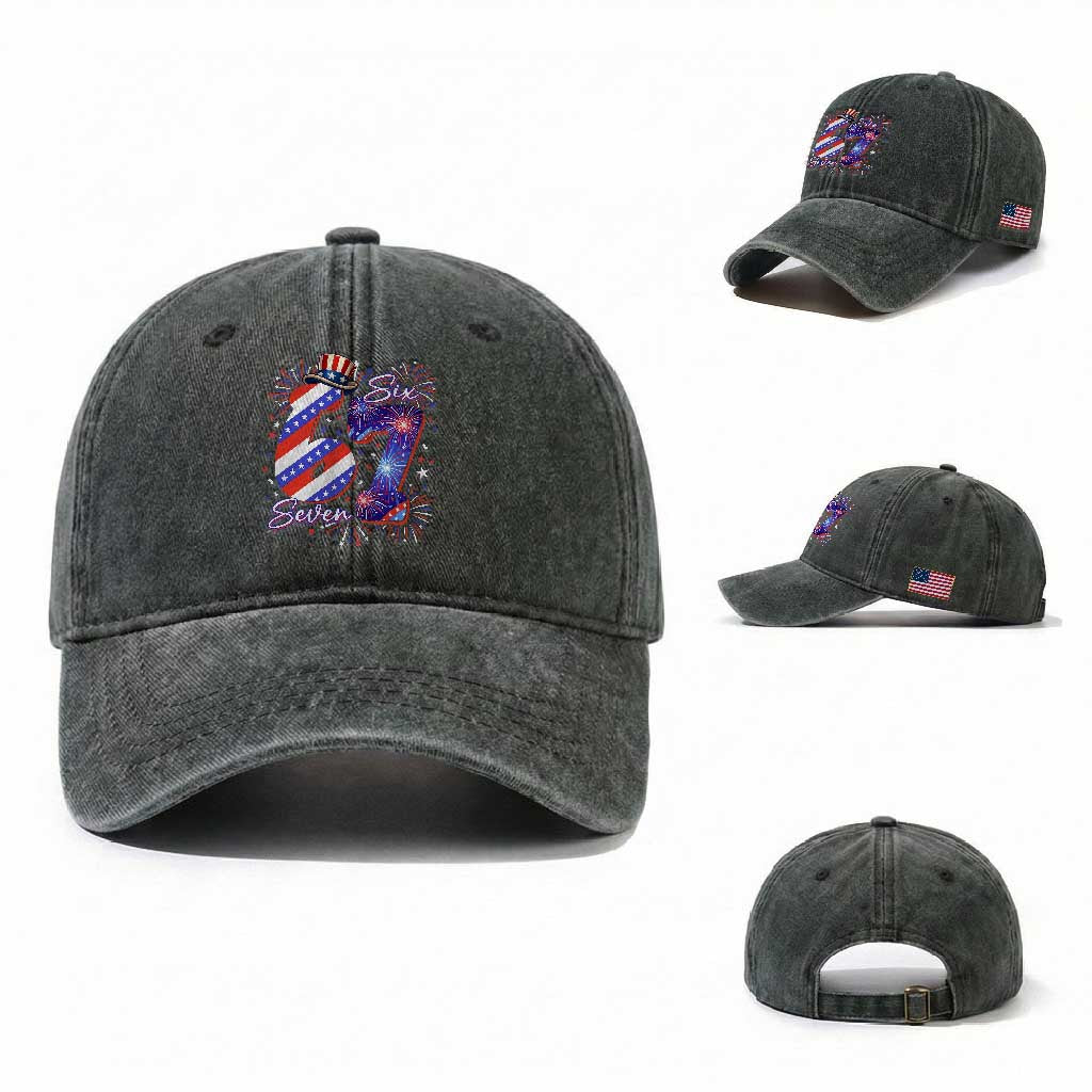 Patriotic Six Seven Washed Cotton Baseball Cap Red White And Blue Fireworks Graphic