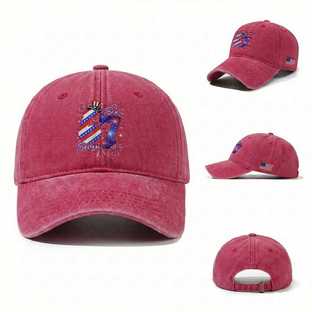 Patriotic Six Seven Washed Cotton Baseball Cap Red White And Blue Fireworks Graphic