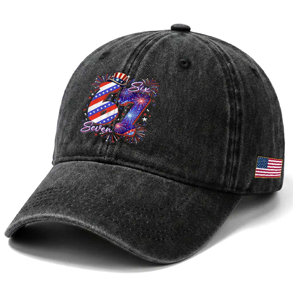 Patriotic Six Seven Washed Cotton Baseball Cap Red White And Blue Fireworks Graphic