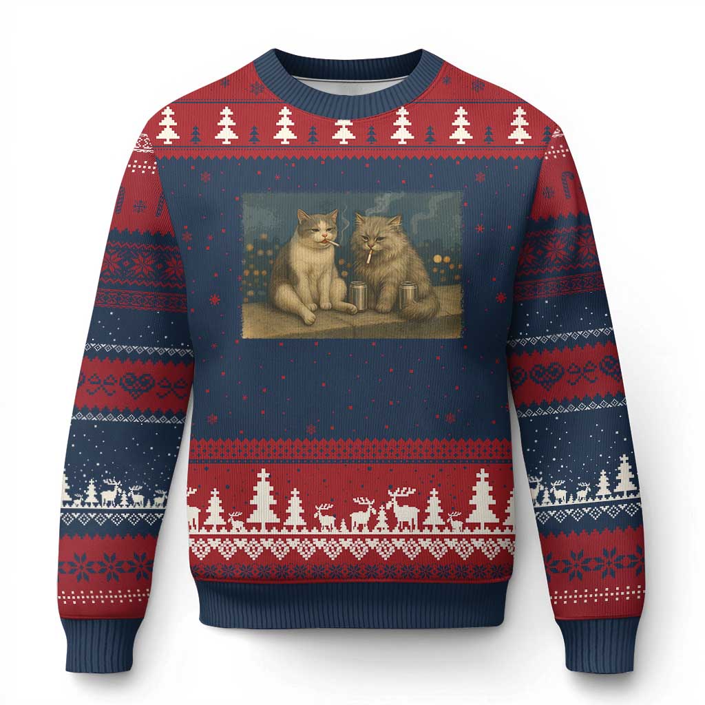 Funny Smoking Cat Ugly Christmas Sweater Meme Cool Kitten With Cigarette