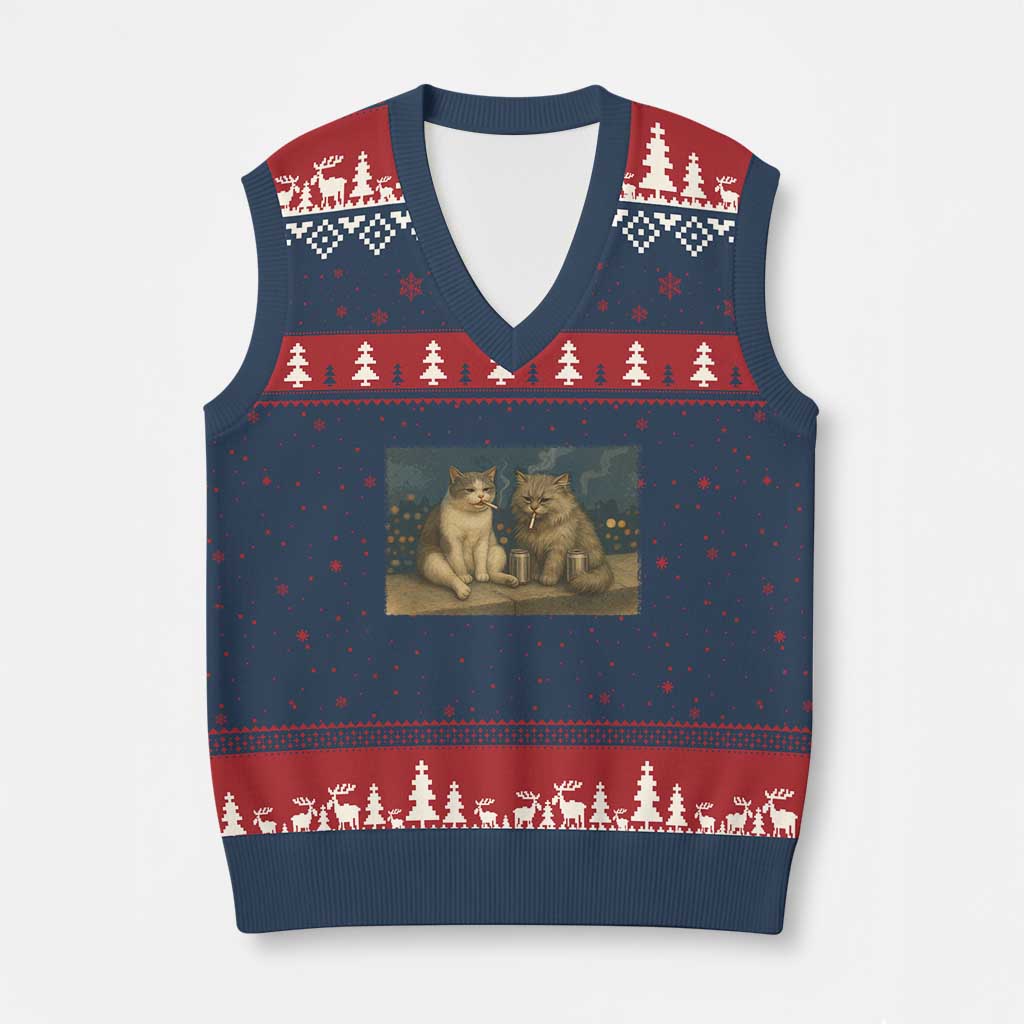 Funny Smoking Cat V-Neck Knit Sweater Vest Meme Cool Kitten With Cigarette