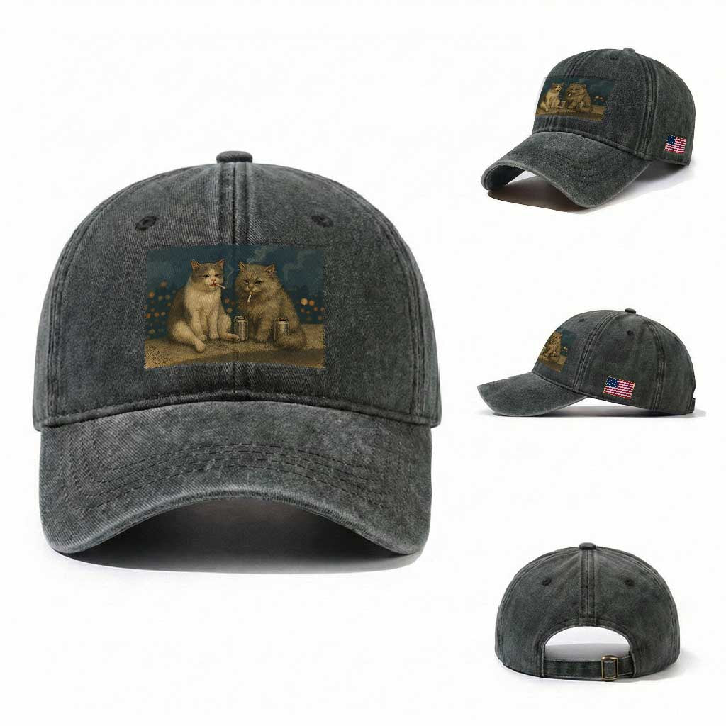Funny Smoking Cat Washed Cotton Baseball Cap Meme Cool Kitten With Cigarette