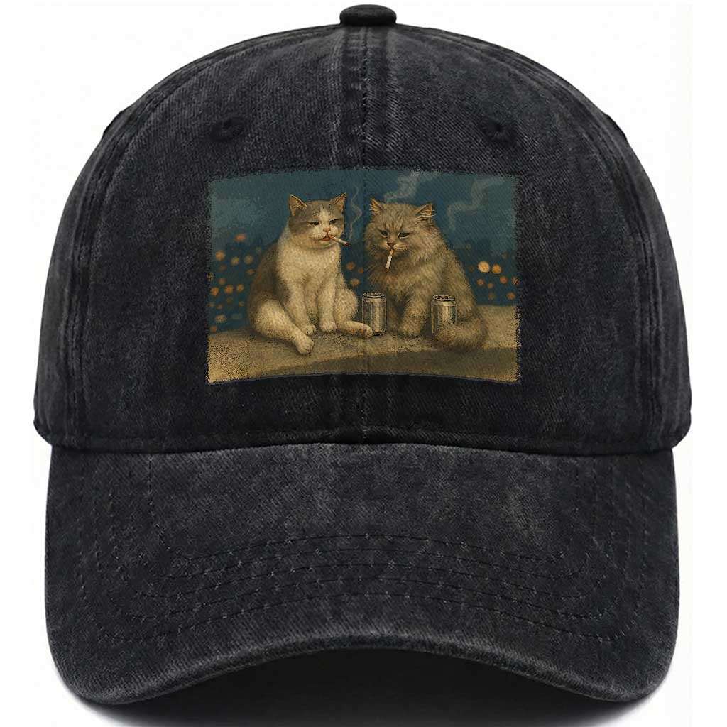Funny Smoking Cat Washed Cotton Baseball Cap Meme Cool Kitten With Cigarette