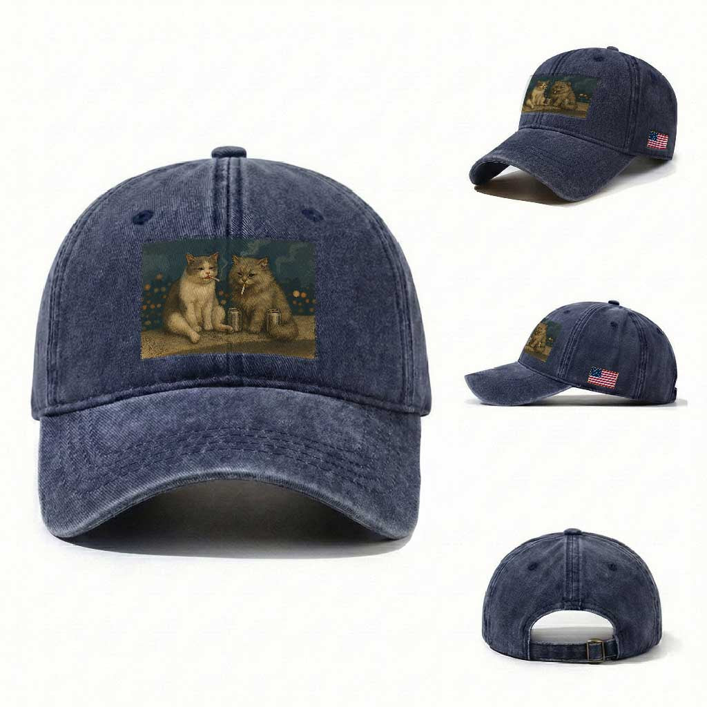 Funny Smoking Cat Washed Cotton Baseball Cap Meme Cool Kitten With Cigarette
